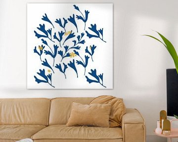 Bloemenmarkt. Moderne botanische kunst in blauw, geel, wit