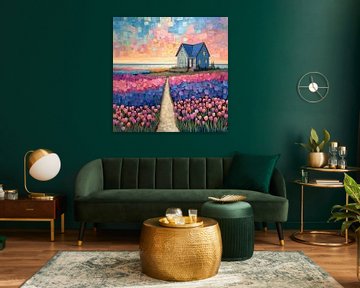 Chalet avec champ de tulipes sur Dakota Wall Art