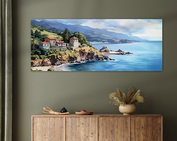 Vue sur la mer avec la villa - peinture de paysage côtier sur Peinture Abstraite