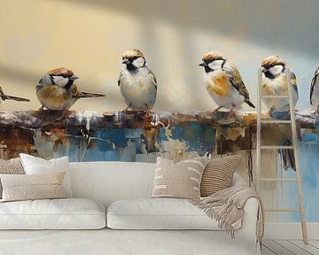 Sparrows on Branch | Bird painting by Blikvanger Schilderijen
