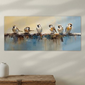 Spatzen auf Ast | Vogelmalerei von Blickfänger Gemälde