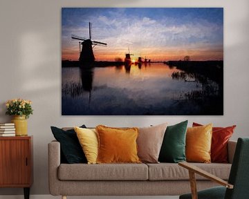 Lever de soleil à Kinderdijk peinture numérique sur Hille Bouma