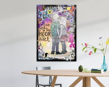 Tableau pop art toile Love U to the Moon argent Décoration murale style Banksy sur Julie_Moon_POP_ART