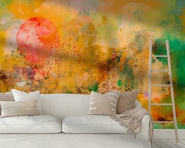 Abstract schilderij, goud, geel, groen en oranje van BowiScapes abstract en digitale kunst