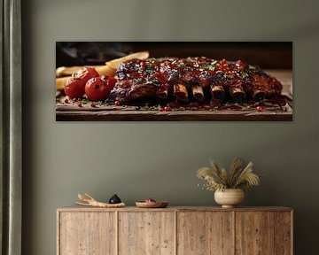 Spareribs on wooden board panorama photo