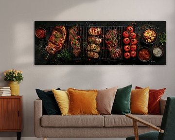Barbeque eten panorama met donkere achtergrond van Digitale Schilderijen