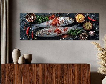 Fischen mit Kräutern und Gemüse als Panoramafoto von Digitale Schilderijen