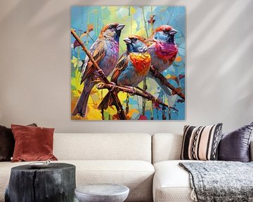 Oiseaux colorés | Oiseaux colorés - Art sur Blikvanger Schilderijen