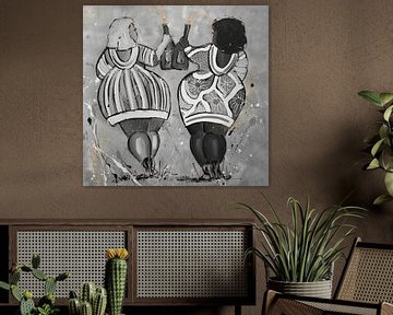 Curvy Ladies Wine | Gold Black/White by Vrolijk Schilderij