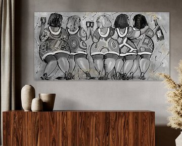 Curvy Ladies Wine | Gold Black/White by Vrolijk Schilderij