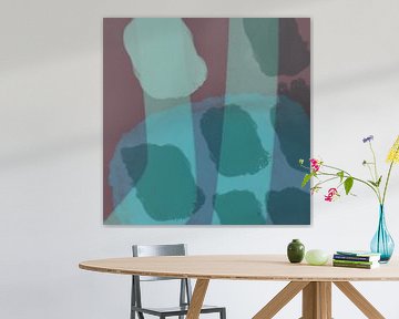 Abstracte lijnen en vormen in turquoise, blauw en wijnrood. van Dina Dankers