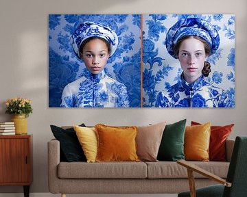 Portrait moderne de filles en bleu de Delft sur Vlindertuin Art