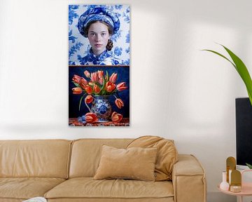 Delfts Blauw vrouwen portret en boeket tulpen van Vlindertuin Art