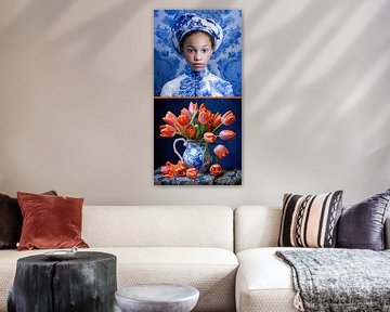 Delfter Blau Mädchen mit orange Tulpen von Vlindertuin Art