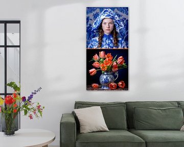 Delfts blauwe tulpen vaas en meisjes portret van Vlindertuin Art