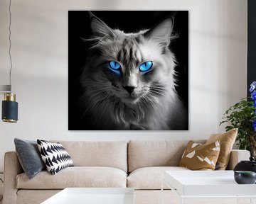 Chat noir et blanc avec des yeux bleus brillants sur YArt