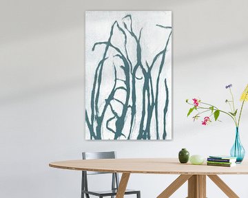 Moderne botanische kunst. Groenblauw gras op wit van Dina Dankers