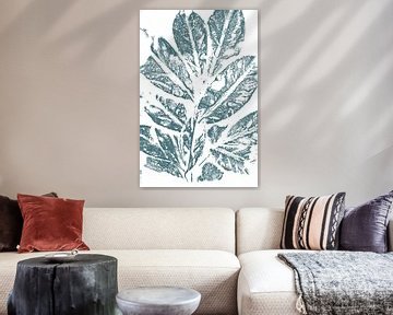 Art botanique moderne. Feuilles bleu sarcelle sur fond blanc sur Dina Dankers