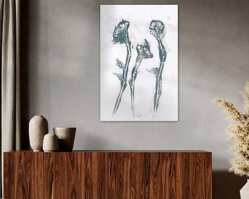 Moderne botanische kunst. Groenblauwe bloemen op wit van Dina Dankers