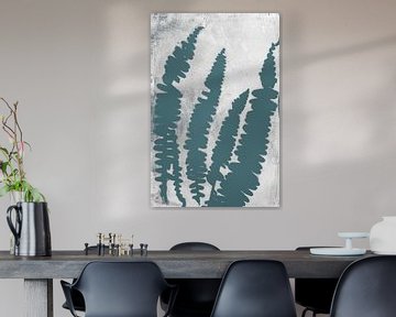 Modern botanical art. Teal blue fern leaves on white by Dina Dankers