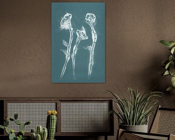 Modern botanical art. White flowers on teal blue by Dina Dankers