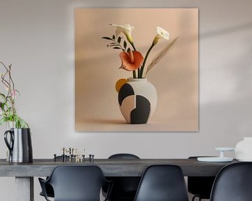 Vintage Stillleben mit Vase und Blumen mit rosa Hintergrund von Digitale Schilderijen