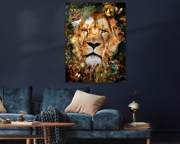 Lion in mixed media collage by John van den Heuvel