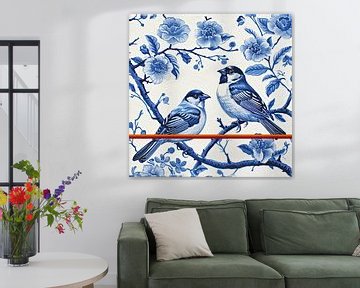 Deux moineaux sur une branche fleurie en bleu sur Vlindertuin Art