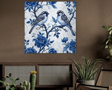 Two sparrows on a blue branch by Vlindertuin Art