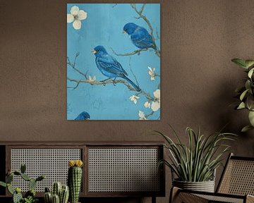 Trois oiseaux bleus avec une branche fleurie sur Vlindertuin Art