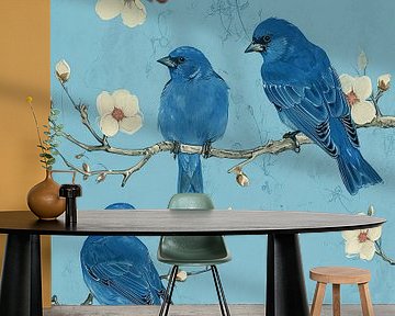 Blauwe vogels en bloesemtak van Vlindertuin Art
