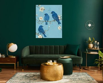 Blue birds and blossom branch by Vlindertuin Art