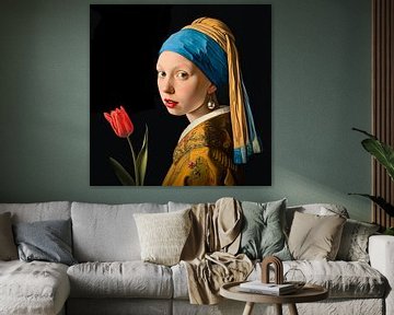 Girl with pearl and tulip by Vlindertuin Art