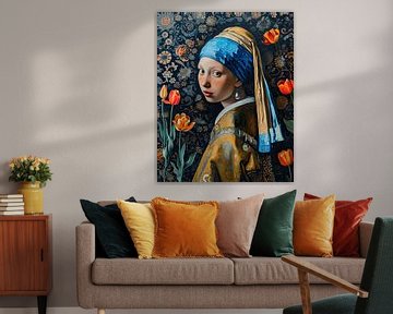 Girl with a pearl earring and tulips by Vlindertuin Art