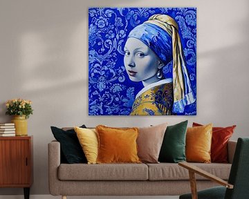 Girl with a pearl earring in Delft blue by Vlindertuin Art