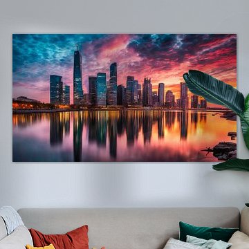 Zonsondergang met stad