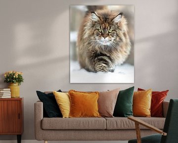 Portrait de chat Maine Coon Lionne dans la neige sur Het Boshuis