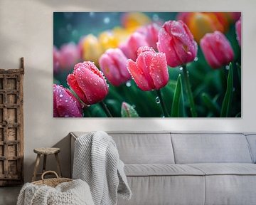 Tautropfen auf rosa Tulpen von Vlindertuin Art