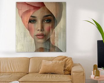Portrait moderne et partiellement abstrait d'une jeune femme en rose sur Carla Van Iersel