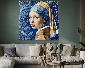 Delfts blauw meisje met de parel van Vlindertuin-Art