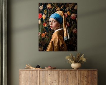 Girl with a pearl earring and tulip field by Vlindertuin Art