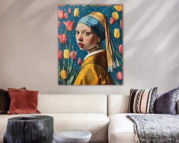 The girl with the pearl earring with tulips background by Vlindertuin Art