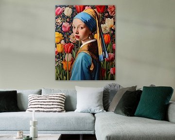 Tulip field and girl with a pearl earring by Vlindertuin Art
