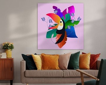 Dessin tropical d'un toucan heureux dans de belles couleurs. sur Bianca van Dijk