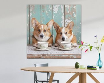 Two welsh corgi dogs drinking tea by Vlindertuin Art