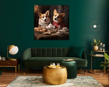 Tea time for two Welsh Corgi dogs by Vlindertuin Art