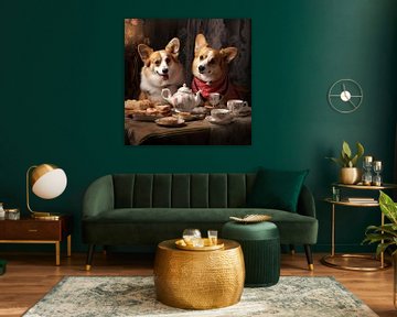 Teezeit für zwei Welsh Corgi Hunde von Vlindertuin Art