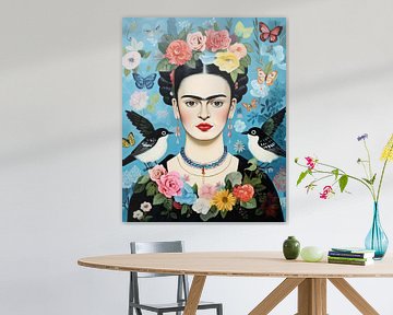 Kahlo portret met vogels en bloemen van Vlindertuin Art