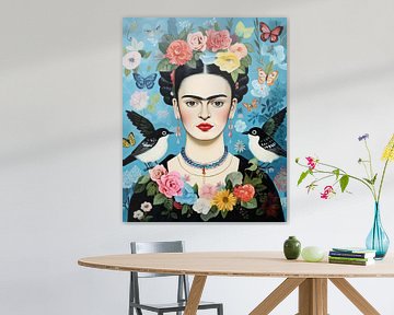 Frida mit Vögeln und Blumen von Vlindertuin Art