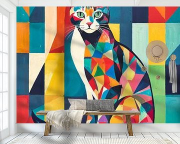 Kleurrijke kat in kubisme van Arjen Roos